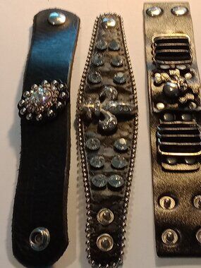 Three Harley Davidson Black   Bracelets Scull Fleu-de-lis Rhinestones 9''